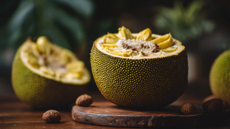 A beautifully cut half of jackfruit sits on a wooden board surrounded by seeds, showcasing its vibrant yellow flesh and textured green skin.の素材