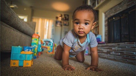 An adorable baby joyfully crawls on a soft carpet in a cozy living room filled with colorful toys. This charming scene captures the essence of childhood exploration and play.の素材