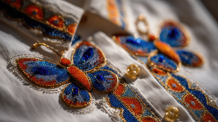 This image captures a stunning display of colorful butterfly embroidery featuring intricate beadwork on a textile. The vibrant design showcases craftsmanship and artistry, making it a perfect representation of traditional fabric decor.の素材