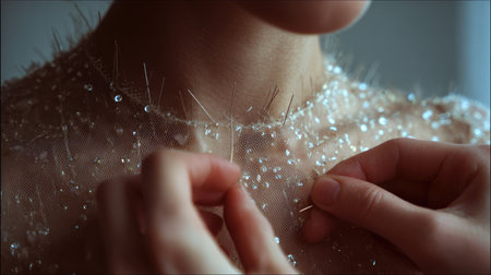 A detailed close-up of hands skillfully attaching pins to a delicate beaded fabric showcases the intricate craftsmanship in clothing design. The image highlights textures, elegance, and artistry in fashion.の素材