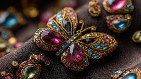 A stunning close-up of a beautifully crafted butterfly decoration embellished with various colorful gemstones, set against a dark fabric backdrop, showcasing exquisite craftsmanship.の素材