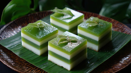 This vibrant green layered jelly dessert is beautifully presented on a natural leaf plate. The sweet treat showcases a perfect blend of flavors and textures.の素材