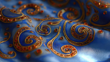 This captivating blue fabric features exquisite golden swirls and sparkling gems, perfect for textile design, fashion projects, or decorative applications.の素材