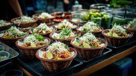 A captivating display of colorful noodle dishes served in woven baskets, topped with fresh herbs and lime, perfect for a vibrant street food setting.の素材