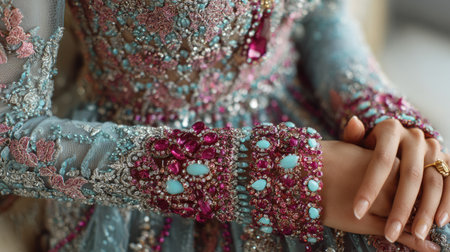 A close-up view of a stunning traditional dress showcases intricate beading and embroidery in vibrant colors, reflecting rich culture and elegant style.の素材