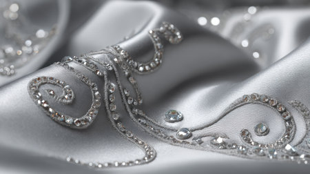 This image showcases an elegant silver fabric intricately embroidered with sparkling gems, perfect for highlighting luxury and sophistication in fashion or textile design.の素材