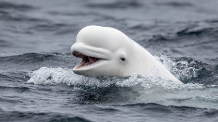 Stunning image of a beluga whale breaking the surface of the ocean, showcasing its cheerful expression and playful nature in a beautiful marine environment.の素材