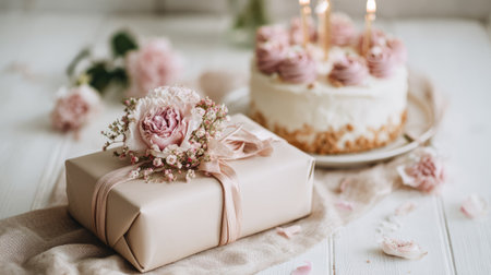 An elegant gift box featuring beautiful floral decorations set beside a delicious white cake with pink rose swirls, perfect for special occasions.の素材