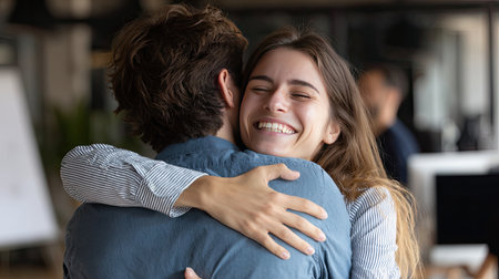 A heartwarming scene of two friends joyously embracing each other in a modern office setting, capturing the essence of connection and happiness.の素材