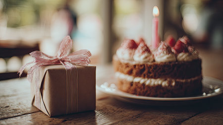 A beautifully wrapped gift package sits next to a cake adorned with strawberries and a lit candle, capturing the essence of celebration in a cozy setting.の素材