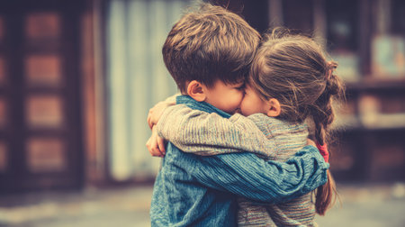 Two young children share a sweet and innocent moment of affection in a playful embrace, set against a charming outdoor backdrop, radiating warmth and joy.の素材