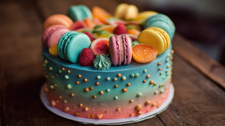 This vibrant and colorful cake features a variety of macarons and fresh fruits, beautifully arranged on a rustic wooden table, perfect for celebrations.の素材