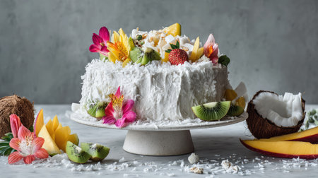 A stunning coconut cake adorned with tropical fruits and vibrant flowers, perfect for celebrations and special occasions, showcasing a fresh, colorful presentation.の素材