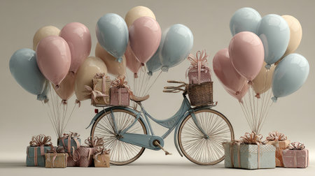 A whimsical scene features a vintage bicycle adorned with a basket overflowing with presents, surrounded by pastel balloons, creating a joyful atmosphere perfect for celebrations.の素材