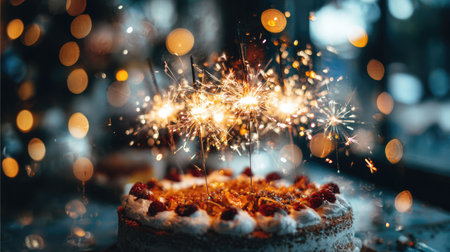 A beautifully decorated celebration cake adorned with sparklers, creating a festive mood. The background features a soft bokeh effect, enhancing the joyful atmosphere, perfect for birthdays or special gatherings.の素材