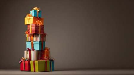 A visually striking arrangement of colorful gift boxes stacked elegantly, adorned with ribbons and bows. Perfect for capturing the essence of celebrations.の素材