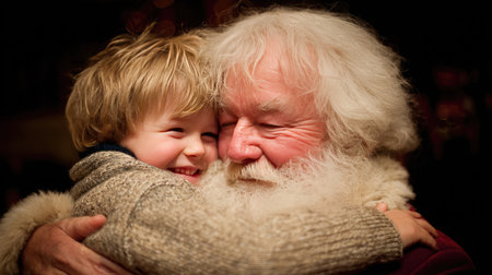 A heartwarming scene showcasing a child and an elderly man sharing a joyful embrace, reflecting the warmth and love of the holiday season.の素材