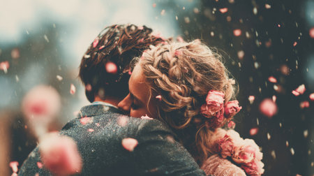A captivating moment of a bride and groom sharing a heartfelt embrace during their wedding, surrounded by falling flower petals, evoking love and joy.の素材