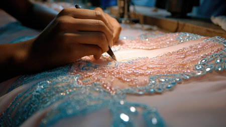 A skilled artisan focuses on hand embroidery, applying intricate bead and sequin designs to fabric. The image captures the delicate artistry involved in textile decoration.の素材