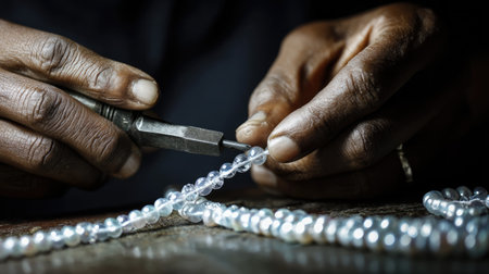 A close-up image showcases an artisan's hands skillfully working with tools to create exquisite jewelry, highlighting the intricate details and craftsmanship involved.の素材