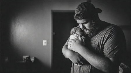 A heartwarming scene depicting a father cradling his newborn in a softly lit indoor setting, showcasing a beautiful bond filled with emotion and intimacy.の素材