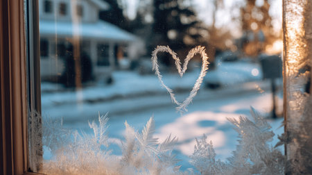 A beautiful frost design shaped like a heart on a windowpane showcases a winter scene with snow-covered streets. The warm light adds a cozy feel, perfect for capturing the essence of winter romance.の素材