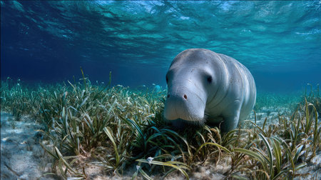 A beautiful underwater scene featuring a manatee grazing in seagrass amidst a vibrant blue ocean. This image captures the serenity and biodiversity of marine environments.の素材
