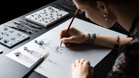 A skilled artist meticulously sketches intricate jewelry designs, surrounded by tools and artistic creations. The modern studio ambiance enhances the process.の素材