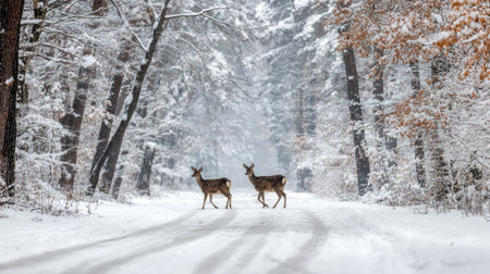 A serene winter scene featuring two deer crossing a snow-covered road, surrounded by tall trees, creating a picturesque landscape in nature.の素材