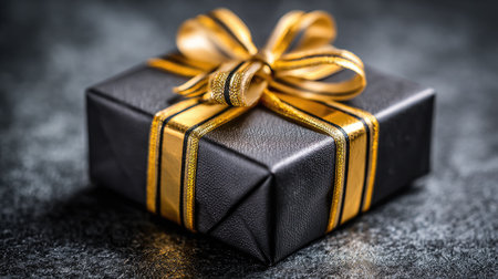 This image showcases an elegant black gift box adorned with a luxurious golden ribbon, set against a dark textured background, perfect for conveying celebration and sophistication.の素材