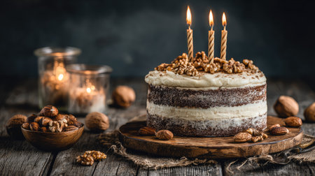 A beautifully layered birthday cake topped with nuts and candles presents a warm, inviting atmosphere. Soft lighting and rustic wood enhance the charm.の素材