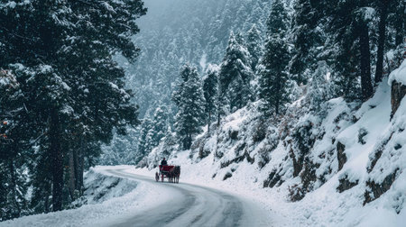 A serene winter scene featuring a winding road surrounded by snow-covered trees and a horse-drawn carriage, capturing the essence of tranquil mountain beauty.の素材