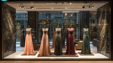 A captivating boutique window showcasing a stunning selection of elegant evening gowns on mannequins, blending luxury and style with inviting textures and lighting.の素材