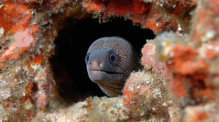 A stunning close-up of a moray eel peeking out from its coral reef home, showcasing the vibrant colors and intricate textures of the underwater environment.の素材