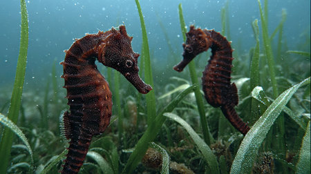 Two captivating seahorses swim among lush underwater grass, showcasing the beauty and diversity of marine ecosystems in a tranquil ocean environment.の素材