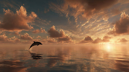 A stunning scene featuring a dolphin leaping gracefully above the calm waters of the ocean during sunrise, surrounded by dramatic clouds and vibrant colors, capturing the essence of freedom and nature's beauty.の素材