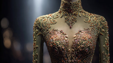 A beautiful fashion dress crafted with intricate beadwork and embroidery, exuding elegance and sophistication, perfect for high-end events and photo shoots.の素材