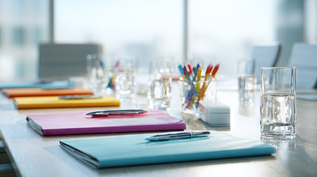 A vibrant assortment of colorful folders and pens set on a sleek conference table, illuminated by natural light through large windows, inviting collaboration.の素材