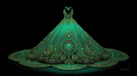 A stunning green evening gown featuring intricate patterns and sparkling embellishments. This luxurious dress combines elegance with creativity, perfect for special occasions.の素材