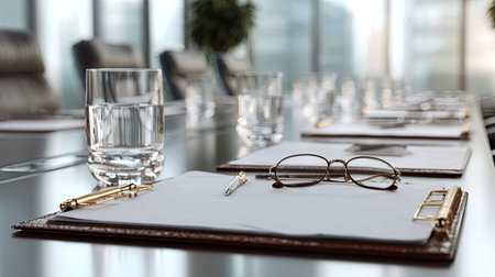 A professional conference room featuring an elegant table setting with glasses of water, pens, and notepads, perfect for business discussions and meetings.の素材