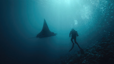 A lone diver explores the depths of the ocean, encountering a magnificent manta ray gliding gracefully through the tranquil waters. The scene captures the mysterious beauty of marine life and the thrill of underwater exploration.の素材