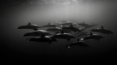 A stunning black and white photograph captures a pod of dolphins swimming underwater, showcasing the graceful motion and elegance of these marine mammals in their natural habitat.の素材