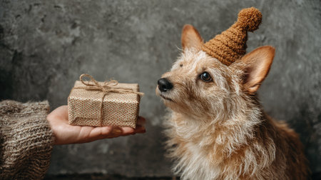 A charming dog adorned with a knitted hat gazes curiously at a beautifully wrapped gift held in a hand, creating a heartwarming festive moment.の素材