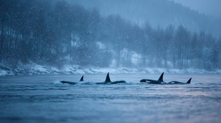 This stunning image captures a group of orcas gliding gracefully through calm waters during a serene winter day, showcasing their majestic presence against a snowy backdrop.の素材