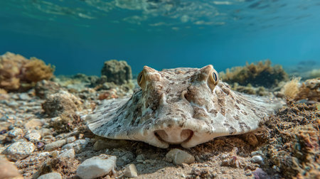 This striking underwater photograph features a close-up of a unique flat fish resting on the sandy seabed, surrounded by corals. The serene environment highlights the beauty of marine life.の素材