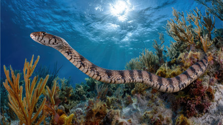 A mesmerizing view of a colorful snake gliding through a vibrant coral reef, showcasing the beauty of marine life in a clear blue underwater environment.の素材