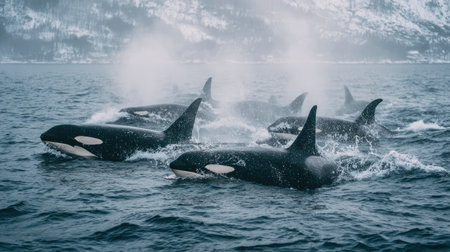 A breathtaking view of a pod of orcas swimming gracefully in icy waters, showcasing their majestic presence in a beautiful marine environment.の素材