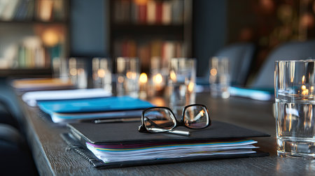 A well-arranged conference room featuring stylish glasses on a polished wooden table, notebooks, and water glasses, ideal for discussions and meetings.の素材