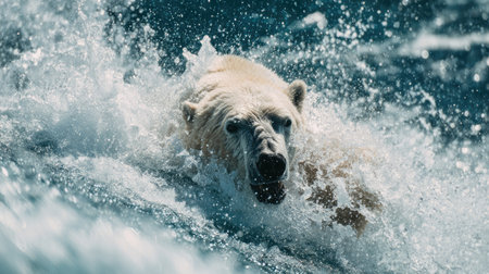 A striking image of a polar bear swimming energetically through vibrant ocean waves, showcasing the beauty and power of nature in a thrilling moment.の素材