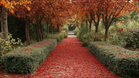 A picturesque autumn pathway surrounded by vibrant red leaves and lush green hedges creates a serene escape into nature's beauty in a tranquil park.の素材